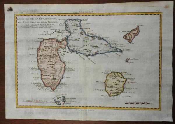 Guadeloupe Caribbean Islands c. 1780 Bonne engraved hand color map