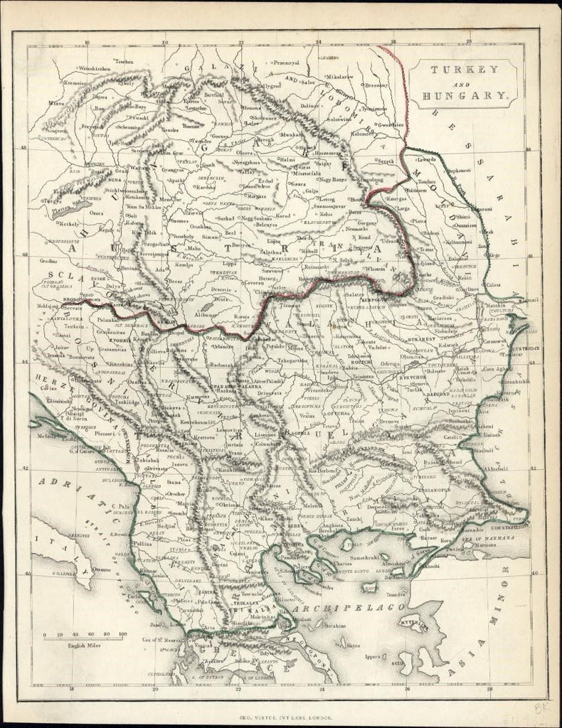 Turkey in Europe Balkans Austria Walachia 1850's scarce antique map by Virtue