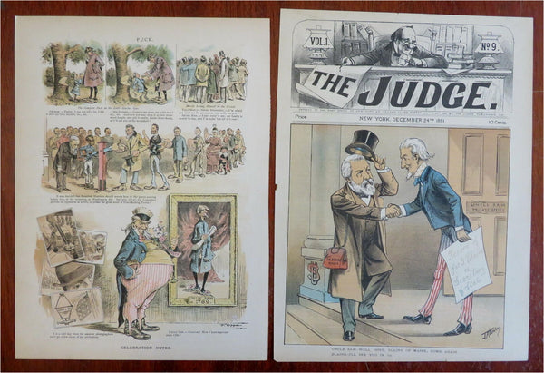 Uncle Sam US Politics Prosperity 1880s Puck Political Cartoons Lot x 2 great art