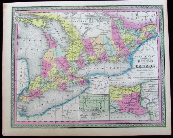 Upper Canada Great Lakes Niagara Falls Huron Erie Ontario 1850 antique color map