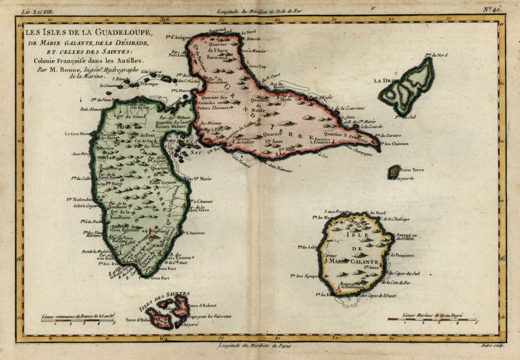 Guadeloupe Lesser Antilles Caribbean Galante 1780 Bonne engraved map hand color