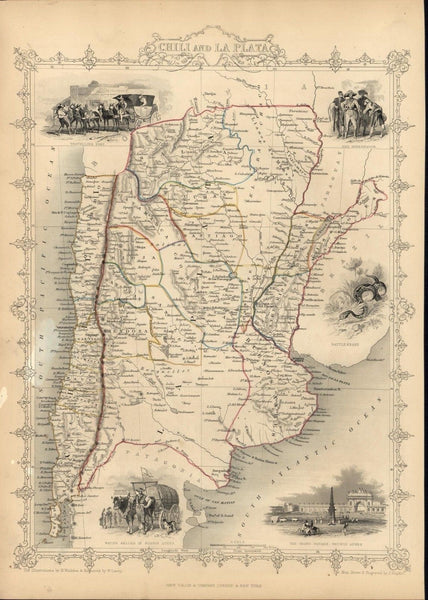 Chile La Plata Buenos Aires South America 1851 antique decorative Tallis map