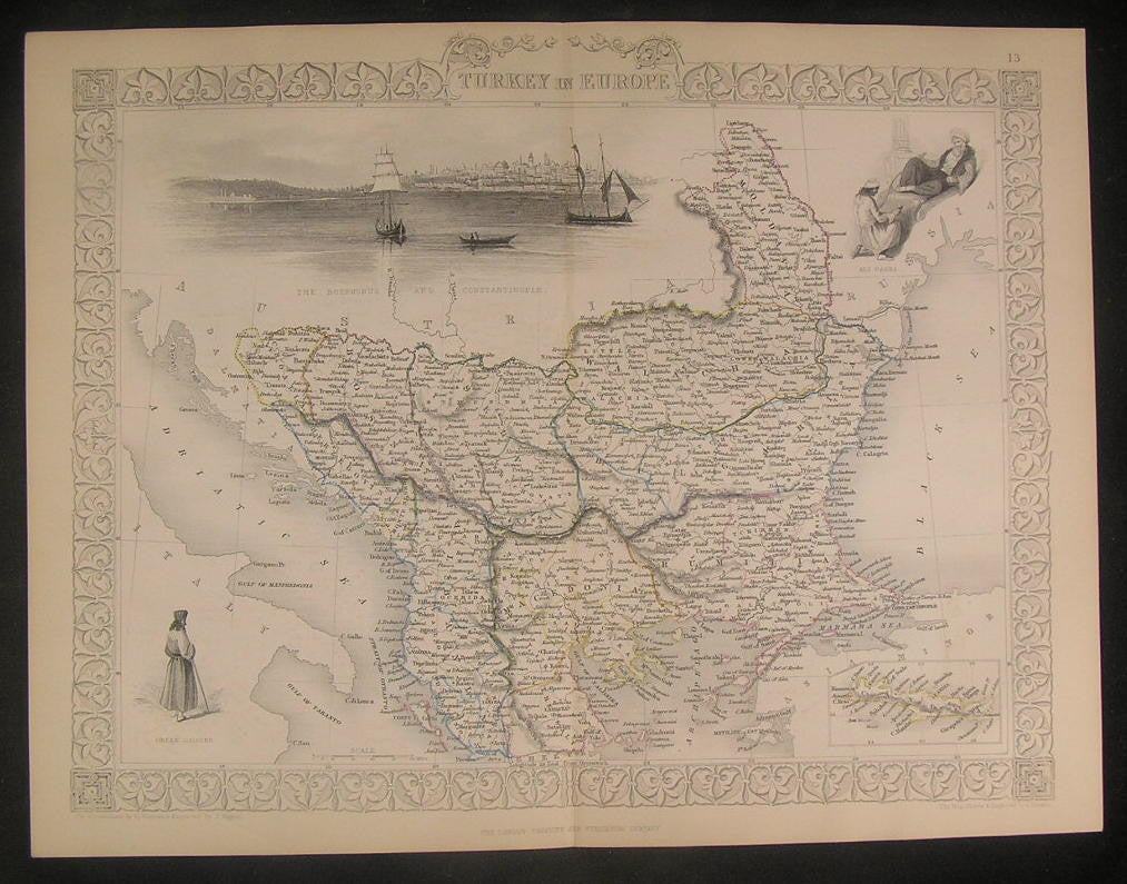 Tallis- Balkans Turkey in Europe 1850's fine old vintage antique map