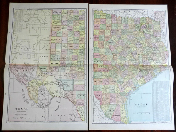 Texas oversized map w/ Eastern & Western Parts 1901 huge Cram Two Sheet Map