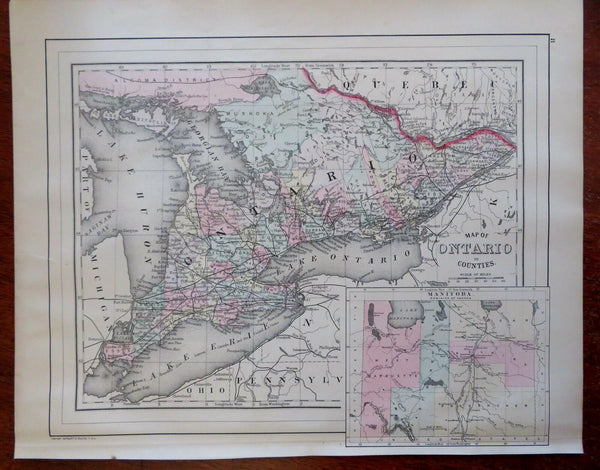 Ontario & Manitoba Toronto Great Lakes region 1888 Bradley-Mitchell scarce map