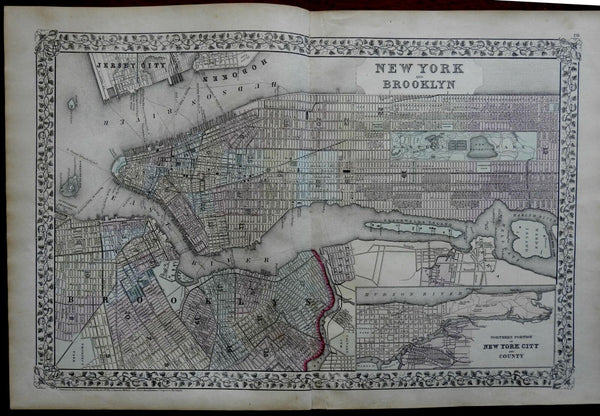 New York City Manhattan Brooklyn Plan 1872 Mitchell large map Jersey Hoboken