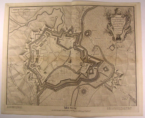 Menin Belgium Military Battle Plan Fortress Batteries c.1745 old Basire map