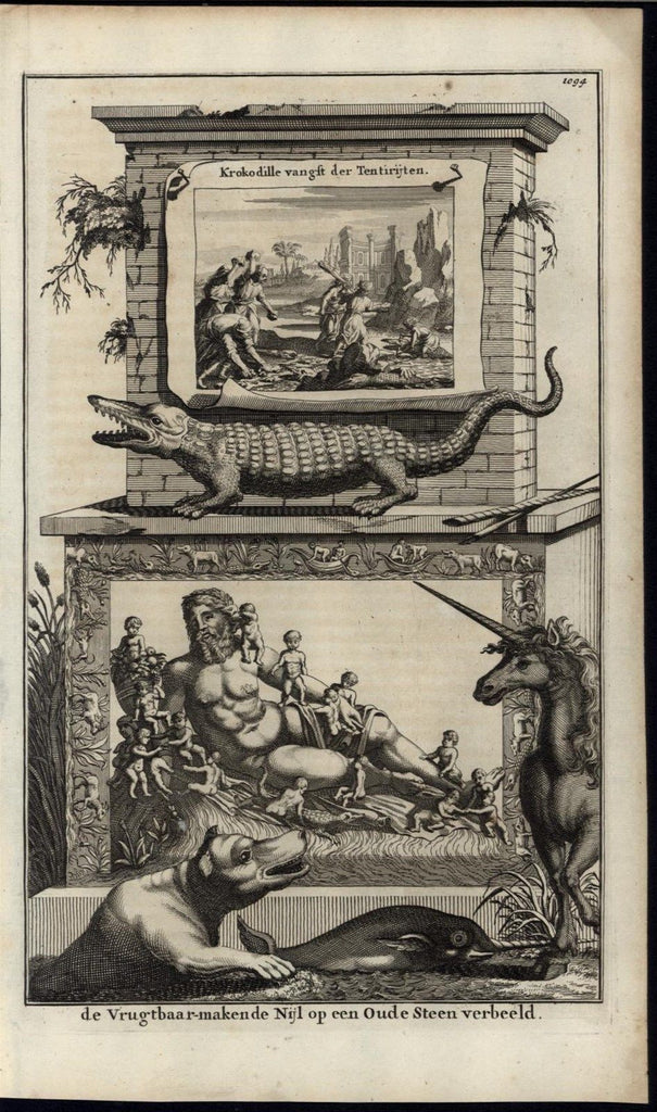 Nile River Fertility Crocodile Harvest Unicorn 1700 antique engraved print