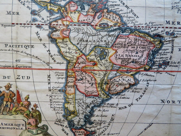 South America rare 1708 Explorer Indians vignette decorative map hand color