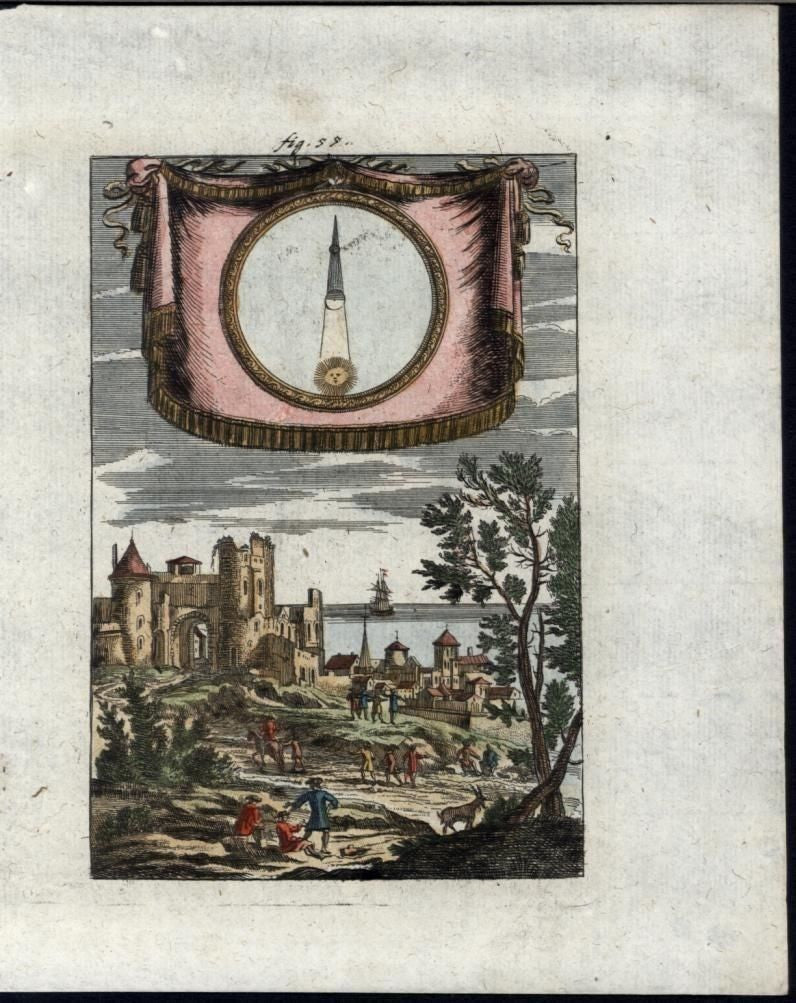 Solar Eclipse Castle Ruins Sun Eclipse Moon c.1719 antique Celestial print