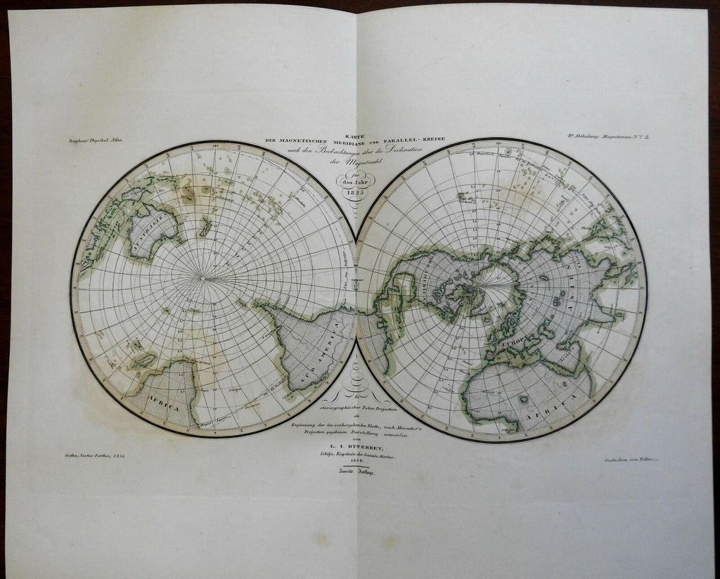 Magnetic Meridians of the World Northern & Southern hemisphere 1851 Berghaus map