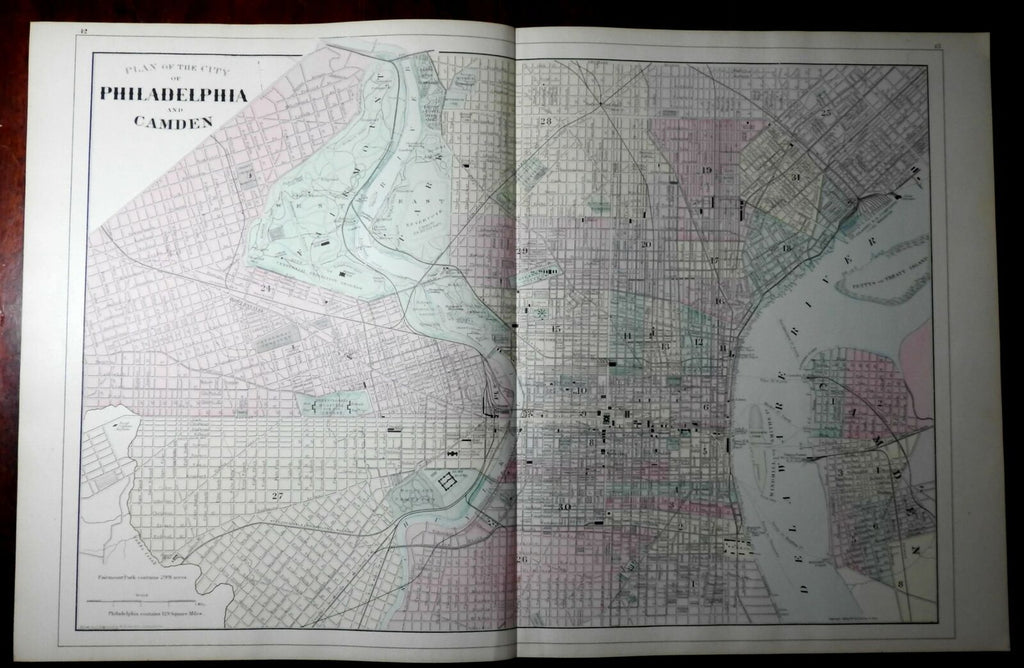 Philadelphia & Camden city plan large detailed 1887 Gamble Bradley Mitchell map