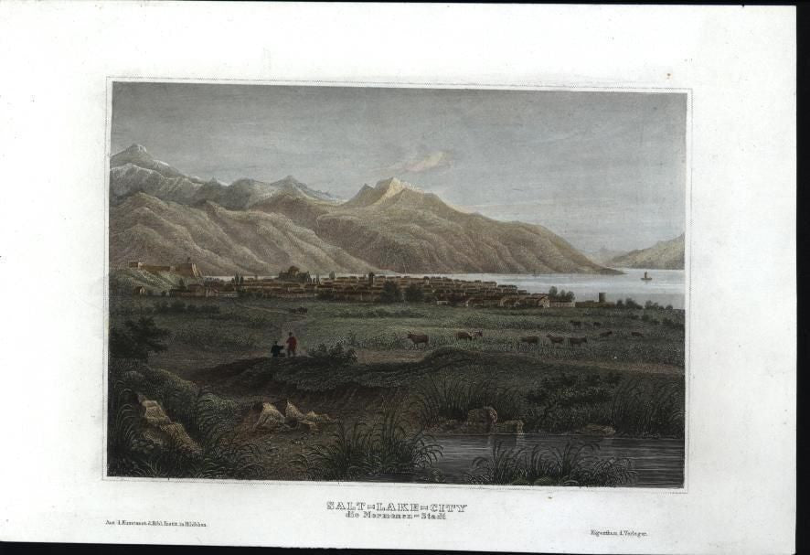 Salt Lake City Stable Mormon Settlement 1859 antique hand color engraved print