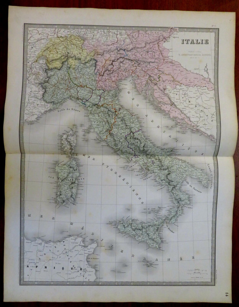 Italy Italia 1862 Andriveau-Goujon beautiful large hand color antique map