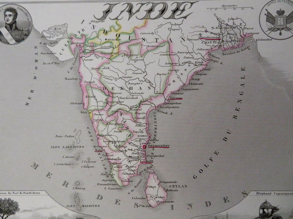 India British Raj Calcutta Pondicherry Delhi Agra Elephants 1850 decorative map