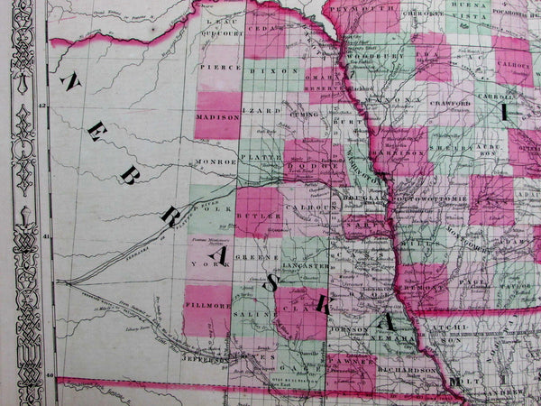 Iowa Nebraska states Missouri Illinois 1864 Johnson Ward large antique map