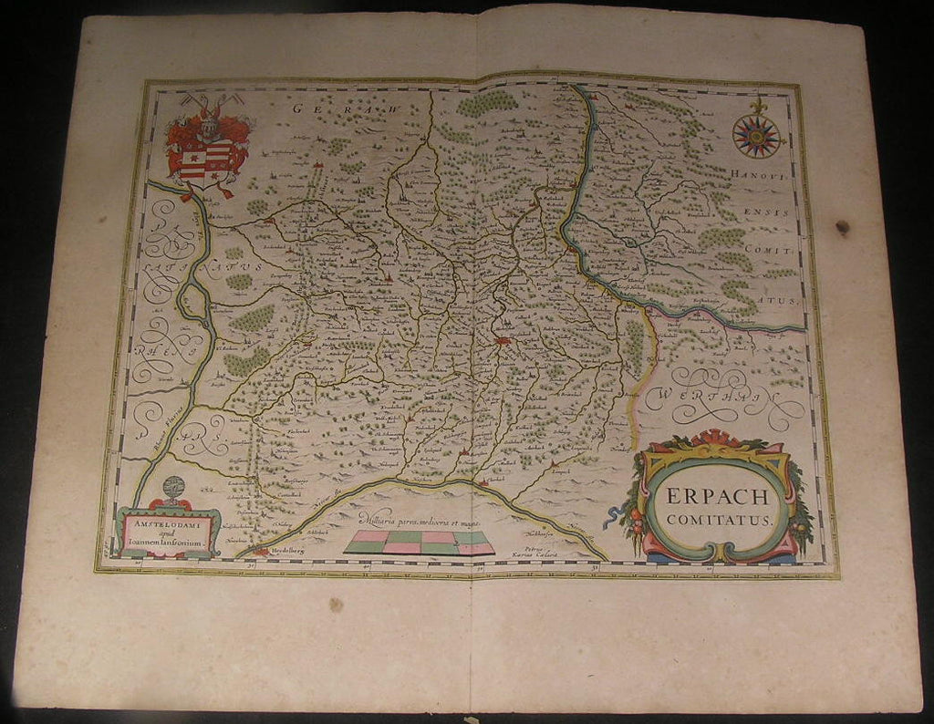 Erbach County Germany 1644 Jansson van der Keere fine antique hand color map
