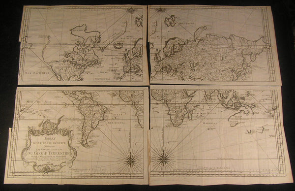 World 1748 by Bellin rare decorative 4 sheet large antique map set
