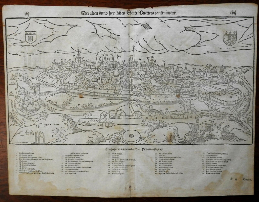 Poitiers Buttiers France 1598 Munster Cosmography wood cut print city view