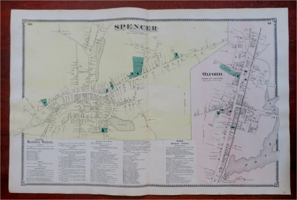 Spencer & Oxford Worcester County Massachusetts 1870 F.W. Beers township map