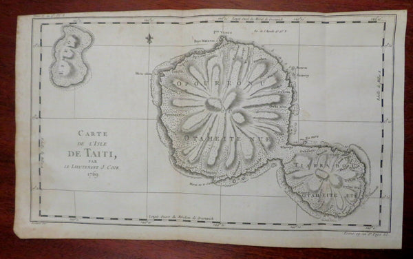 Tahiti French Polynesia South Pacific 1774 Capt. Cook & Hawkesworth detailed map