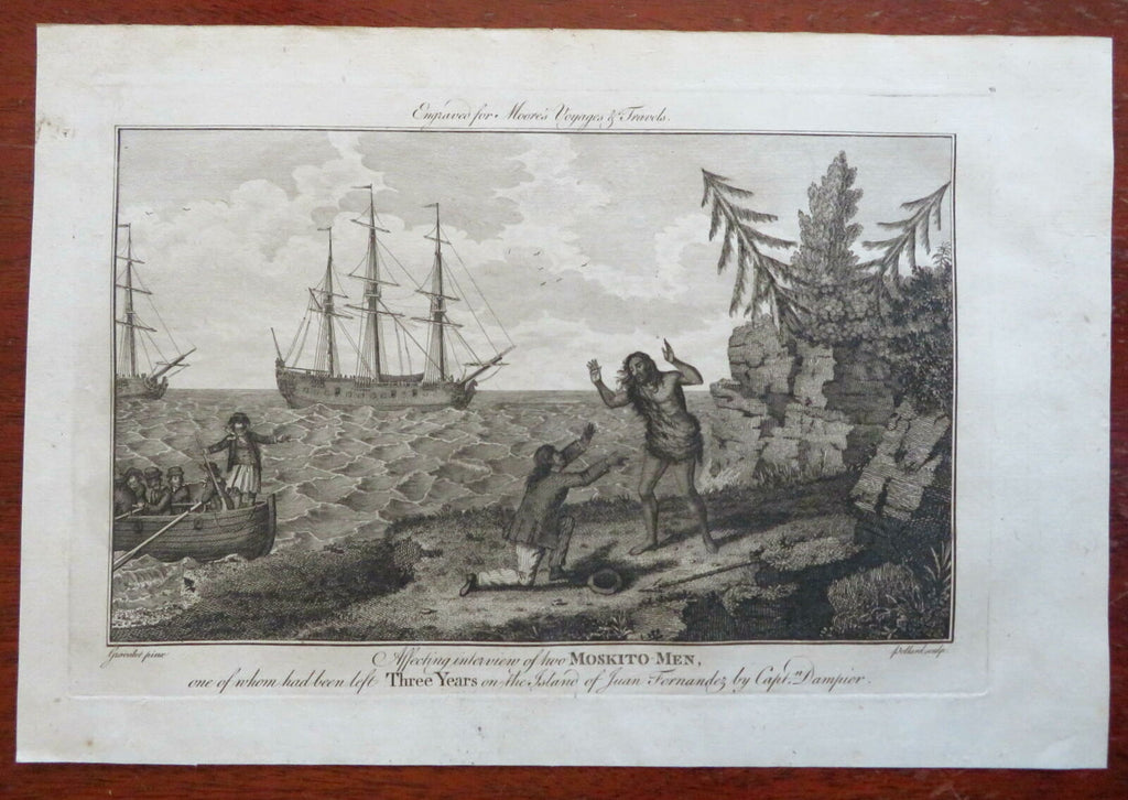 Robinson Crusoe Juan Fernandez Island Captain Dampier c. 1770's engraved print