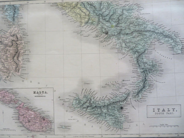 Southern Italy Kingdom of Naples Sicily Malta inset 1853 Hall engraved Black map