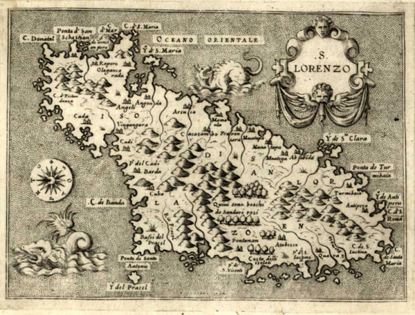 San Lorenzo Island Madagascar Africa 1576 Porcacchi map w/ sea monsters