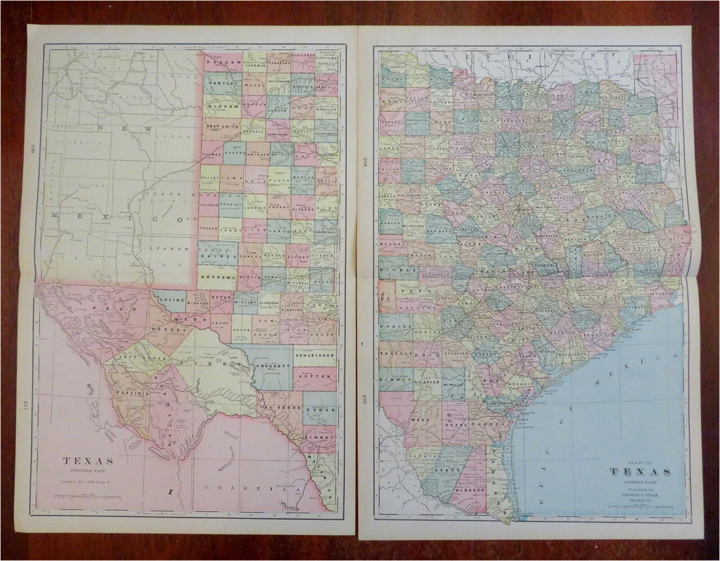 Texas State Map 1888 Cram large 2 sheet detailed color near wall size map