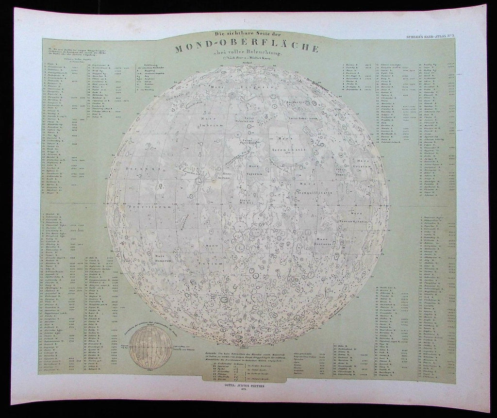 Moon surface topography mountains craters 1873 old antique German chart map