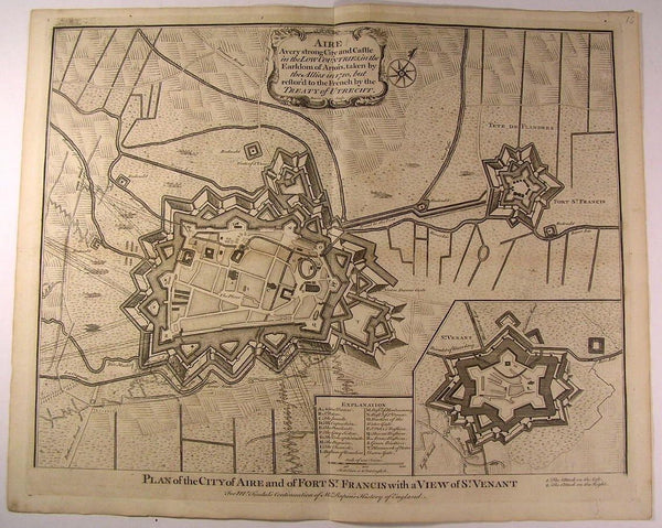Aire City Plan Fort St. Francis St. Venant Belgium c1745 antique Basire map
