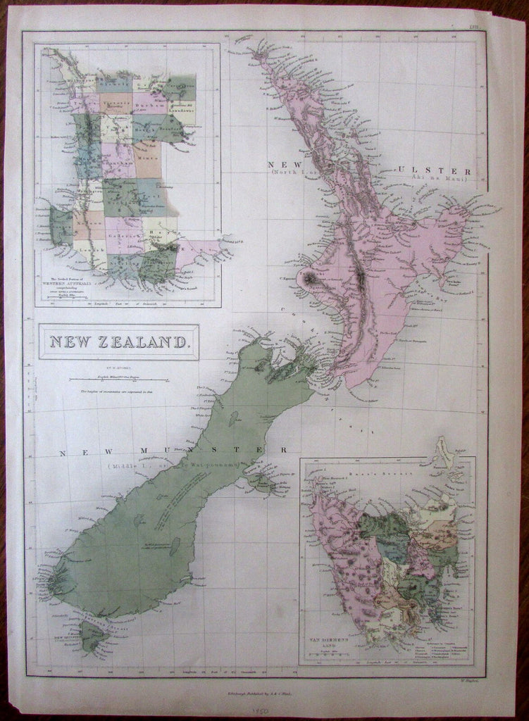 New Zealand van Diemens Land SW Australia 1850 Hughes large folio antique map