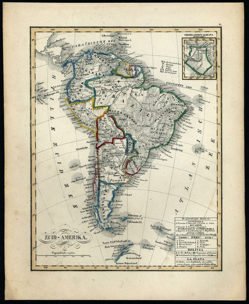 South America continent w/ Dutch Guiana 1840-45 scarce Dutch Petri Baedeker map