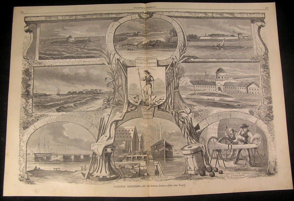 Sketches in Virginia Making Gun Carriage 1861 antique wood engraved print