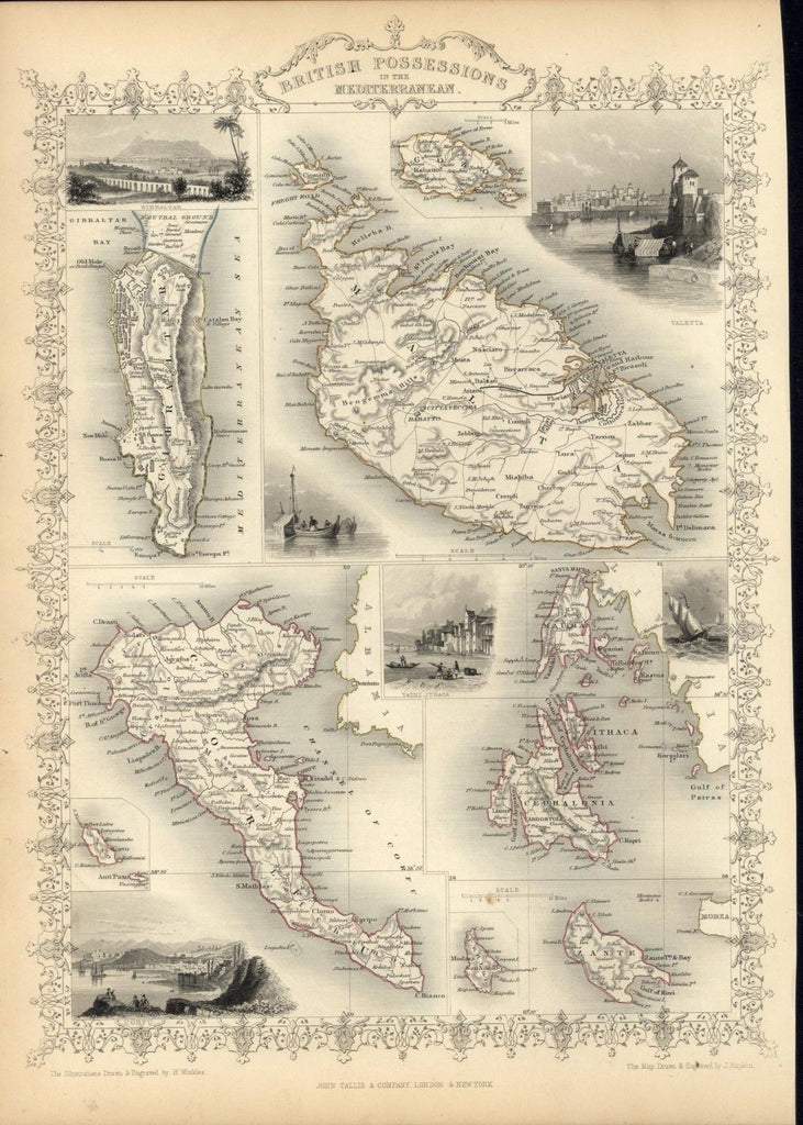 British Colonies Mediterranean Malta 1851 antique decorative Tallis map