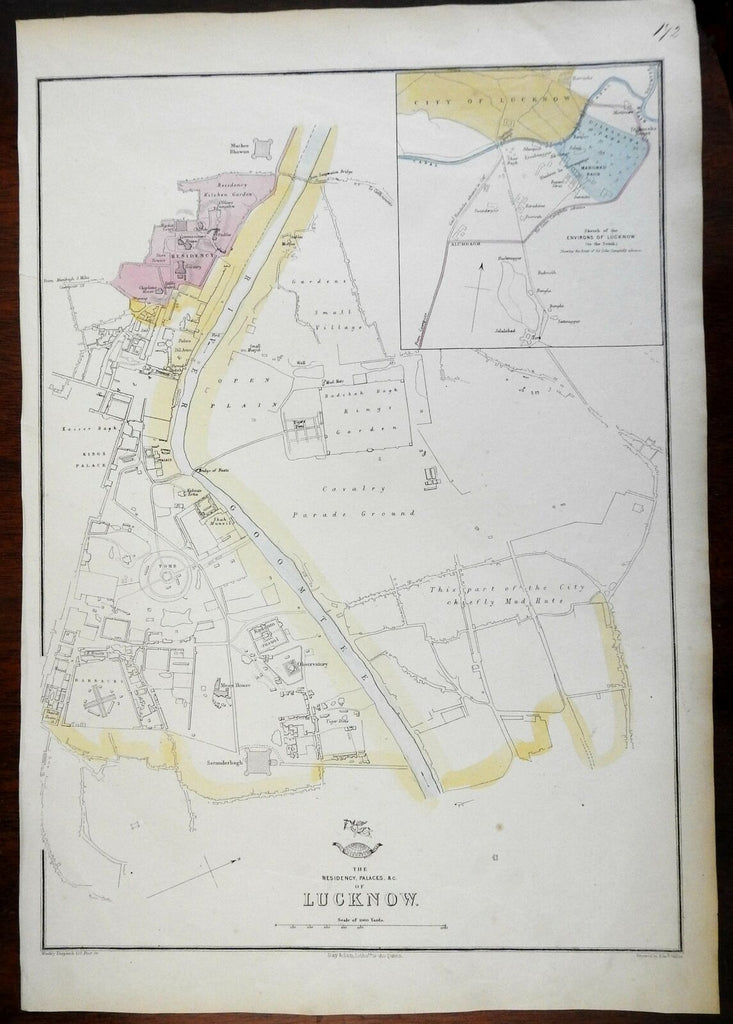 Lucknow India British Raj detailed plan 1856-72 Weller map w/ mud huts shown