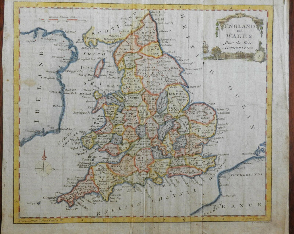 England Wales English Channel U.K. c.1780 Conder lovely hand color map