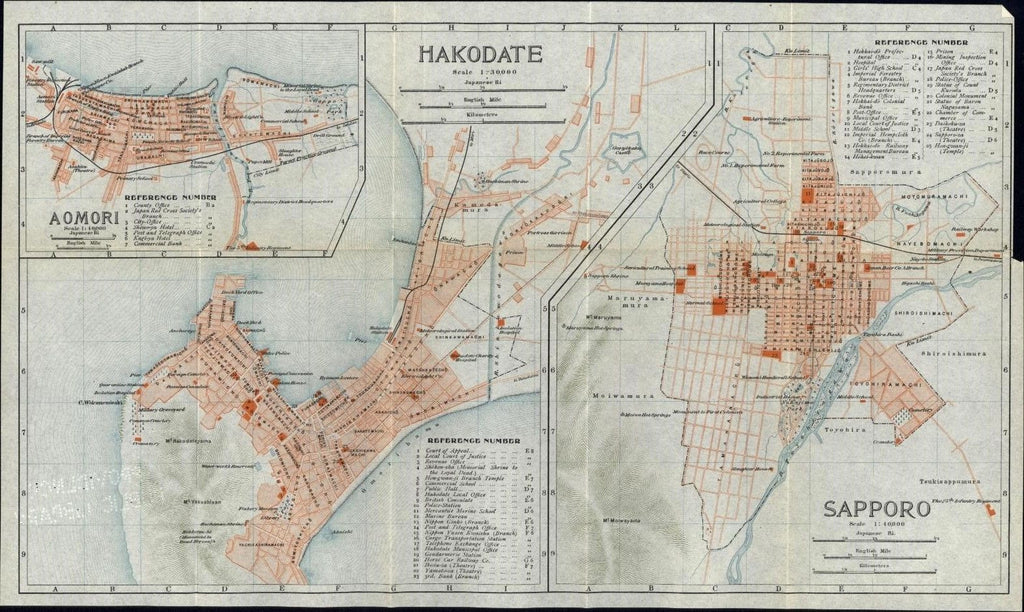 Hakodate Sapporo Aomori Japan city plans 1914 detailed maps many features shown