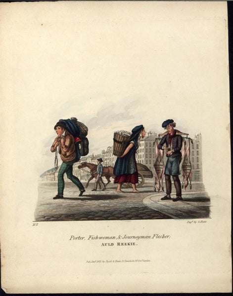 Porter Fish Woman Journeyman Flesher Odor 1825 vintage color aquatint old print