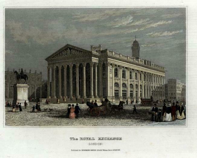 London Royal Exchange c.1850 engraved view print lovely hand color