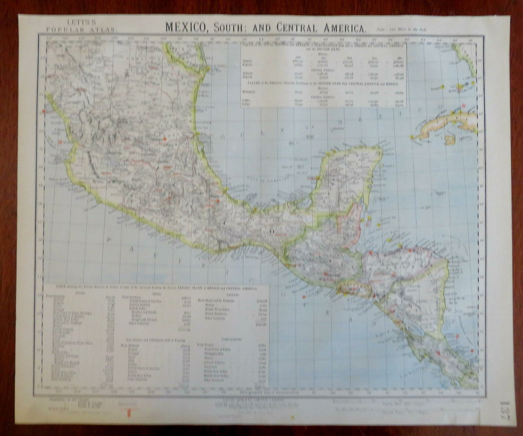 Southern Mexico & Central America Guatemala Honduras 1883 Letts scarce map