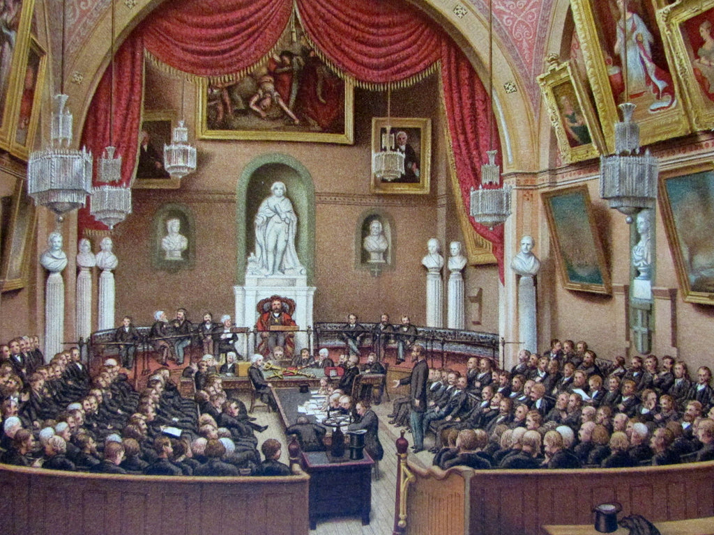 London Guildhall Council Chamber 1886 large beautiful color lithographed print