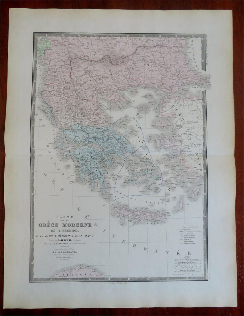 Kingdom of Greece Ottoman Macedonia Albania 1875 Brue engraved folio sheet map