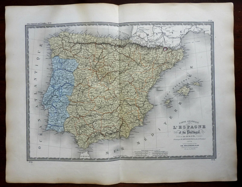 Iberia Spain & Portugal Madrid Lisbon 1850's Brue large detailed map h ...