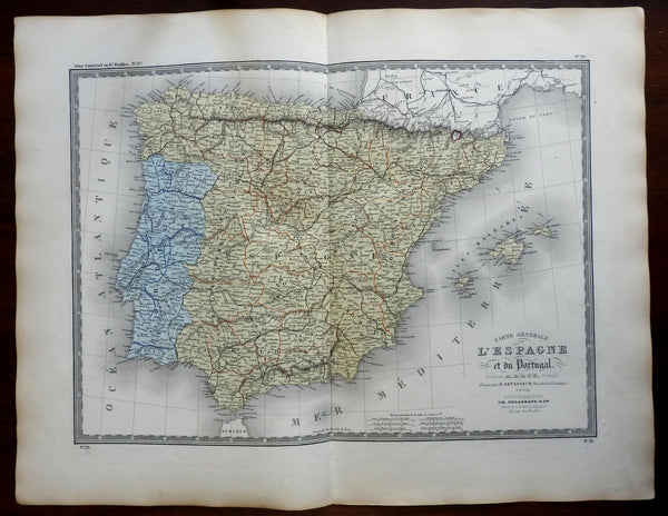 Iberia Spain & Portugal Madrid Lisbon 1850's Brue large detailed map hand color