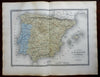 Iberia Spain & Portugal Madrid Lisbon 1850's Brue large detailed map hand color