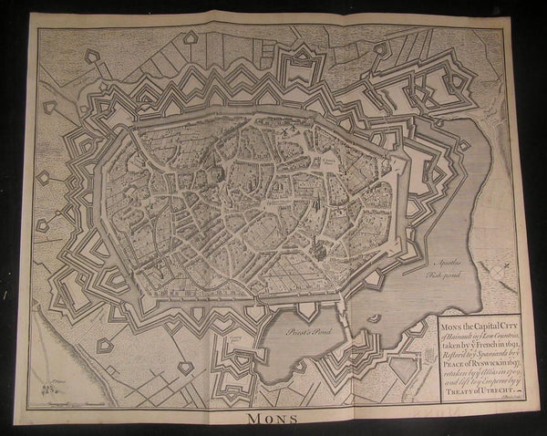 Fortified City Mons Belgium Exquisite c.1740 fine antique copper engraved map