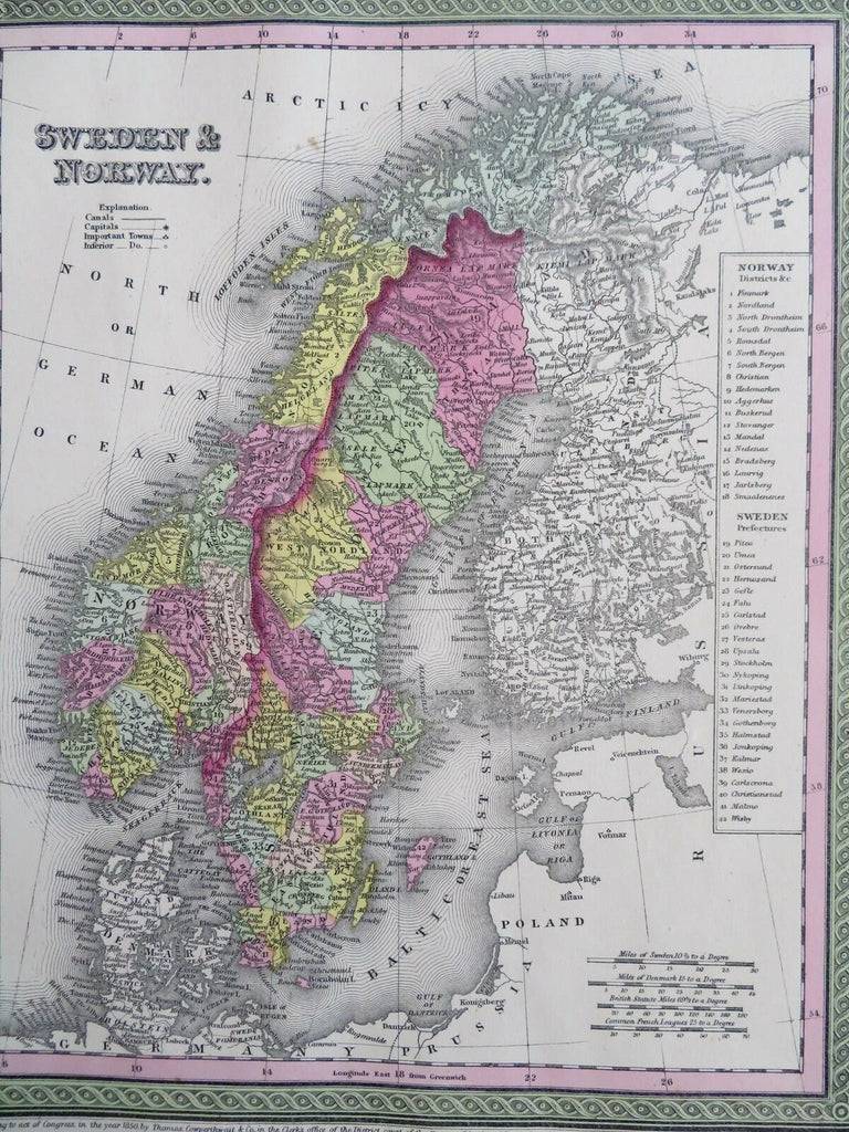 Sweden & Norway Baltiuc Sea Stockholm Oslo c. 1850 Cowperthwait Mitchell map