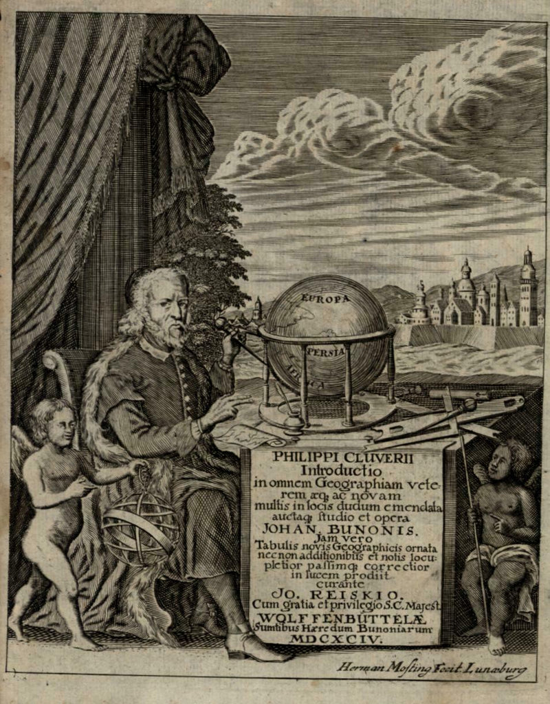 Title page Globe Phillip Cluver 1694 Mosting engraved portrait allegory