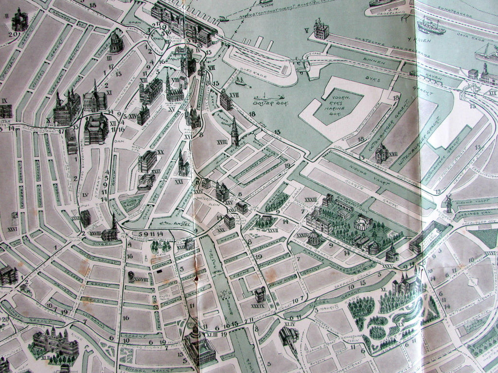 Amsterdam Holland c.1920's Vintage Europe City Plan cartoon style buildings